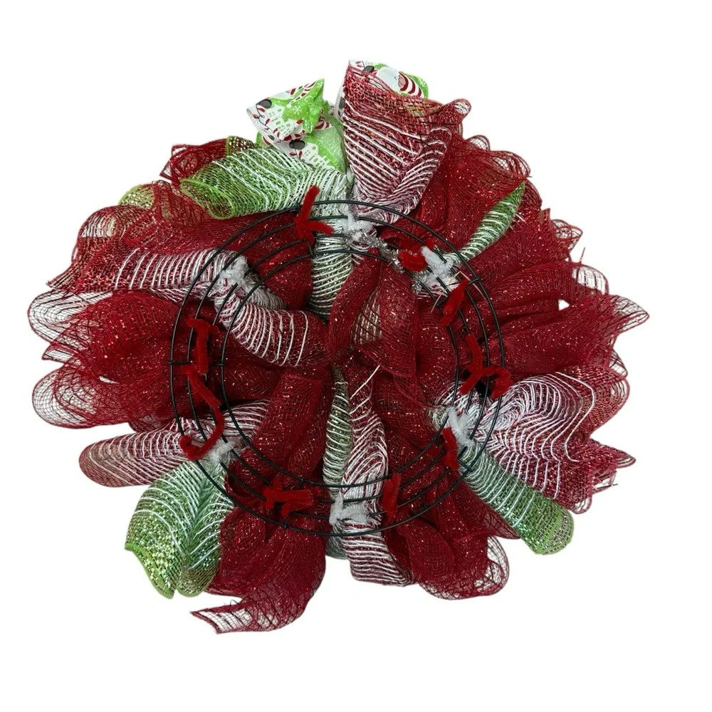 Handmade Christmas Gnome Deco Mesh Wreath Red & Green Santa Ribbon 17